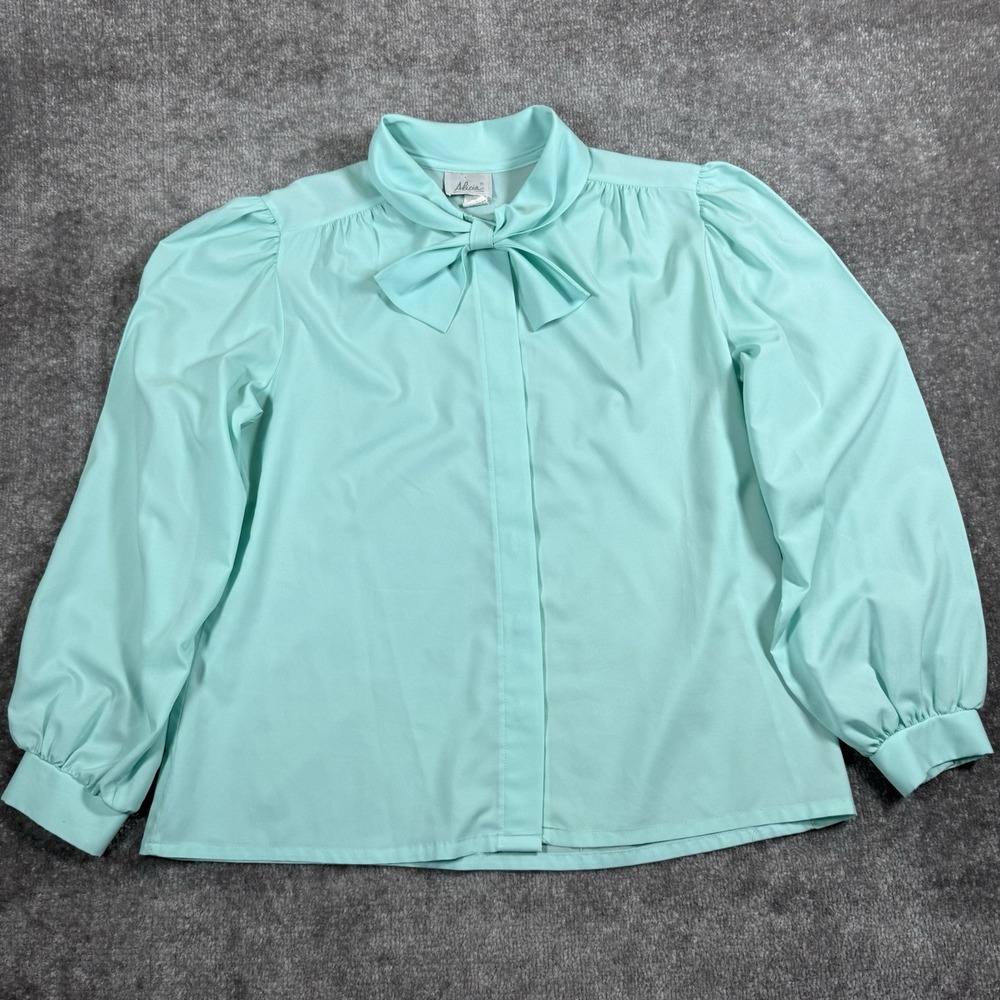 Vintage Alicia Blouse Women's 18 Green Bow Neck Balloon Sleeves Office Librarian